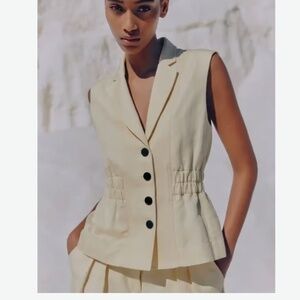 Me+em Chalk Linen-Blend Shirred Tailored Vest Co-ord Sz 6